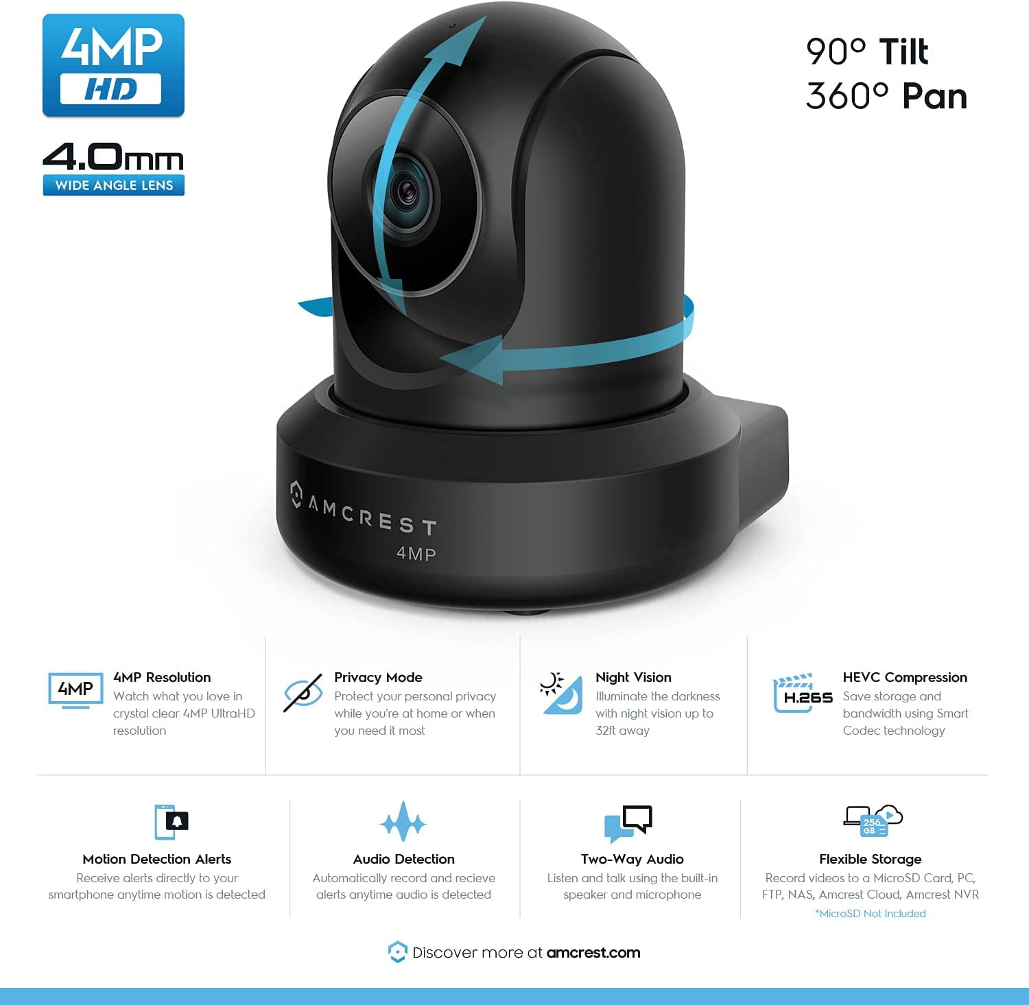 Amcrest 4MP ProHD Indoor WiFi Camera, Security IP Camera with Pan/Tilt, Two-Way Audio, Night Vision, Remote Viewing, 2.4ghz, 4-Megapixel @30FPS, Wide 90° FOV, IP4M-1041B (Black)