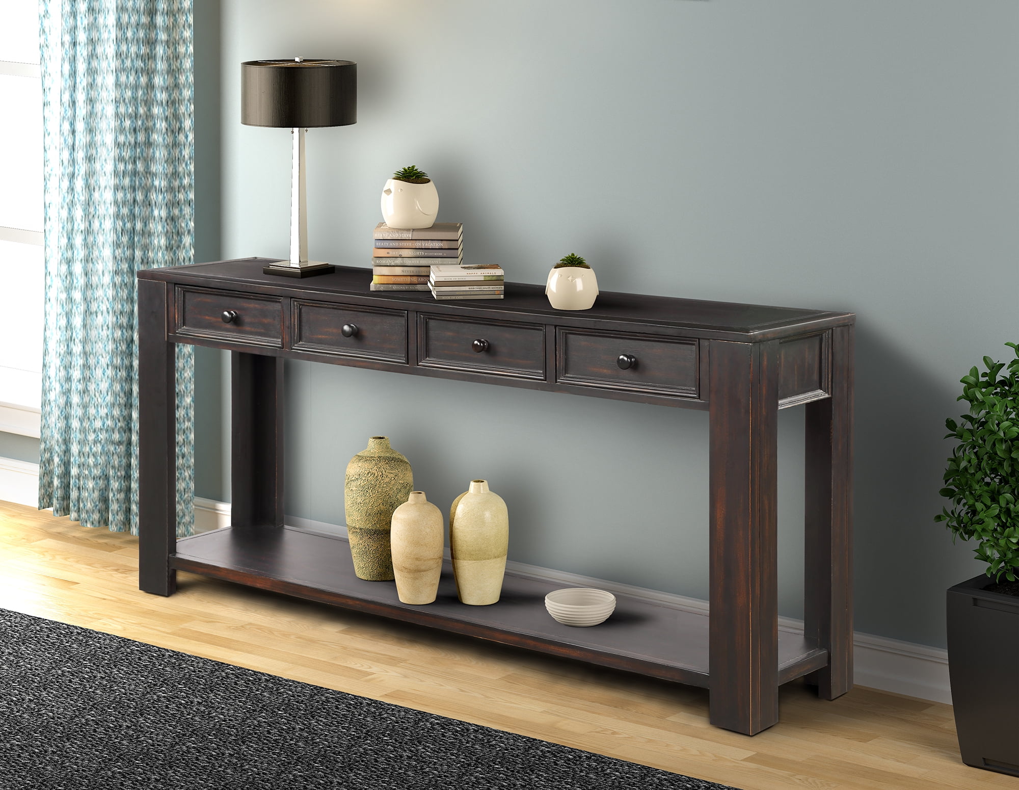 Living Room With Tall Console Table With Doors