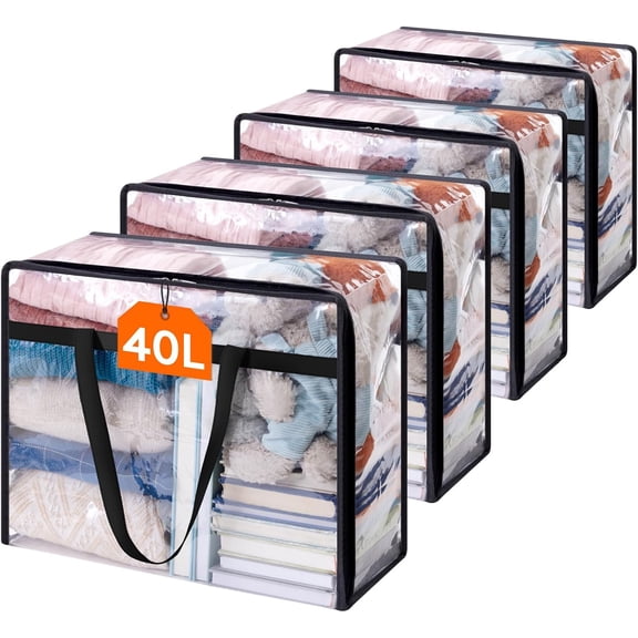 4 Pack Clear Clothes Storage Bags, 40L Plastic Blanket Storage Bag, Vinyl Foldable Moving Bags with Zipper, Closet Organizers and Storage Containers for Bedding, Duvet, Comforter