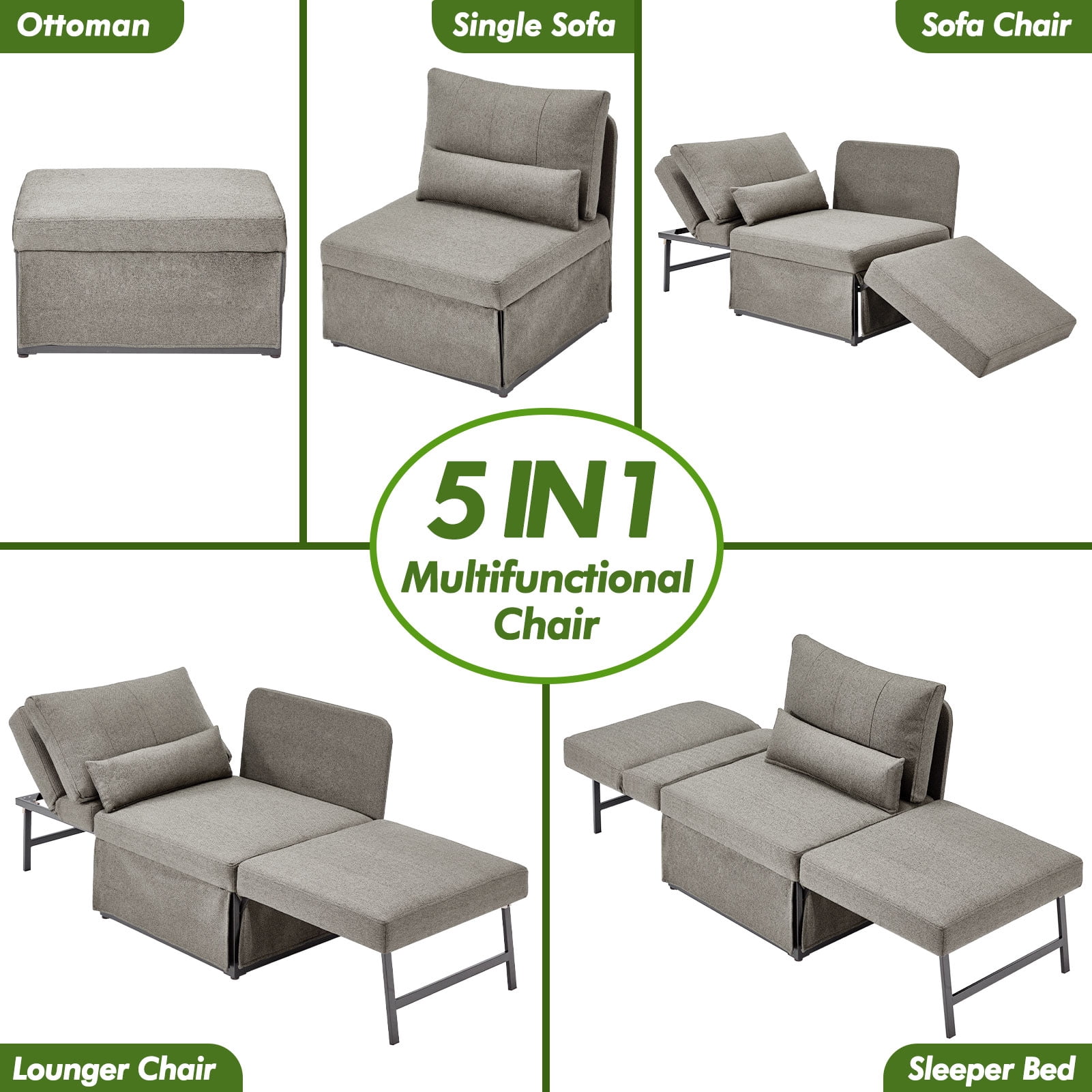 zzw 5-in-1 Convertible Sleeper Sofa Chair, Adjustable Linen Folding Ottoman Bed, Assembly-Free for Apartment Living Room
