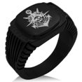 thumbnail image 1 of Stainless Steel Jolly Roger Pirate Skull Anchor CZ Ribbed Needle Stripe Pattern Biker Style Polished Ring, 1 of 1