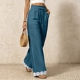 thumbnail image 5 of Women's Lightweight Lace Hem Beach Pants Ruffle Elastic Waist Wide Leg Palazzo Pants Textured Summer Pockets Casual Pants Fashion Bottoms Dark Blue, 5 of 7