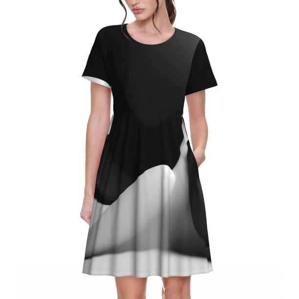 Balery Black White Fluid Sculpture Vestidos sueltos de manga corta para mujer, vestidos de verano 2025, vestidos casuales de corte A con vuelo.