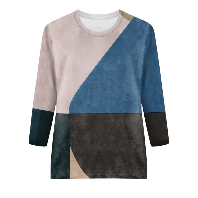 RQYYD Reduced 3/4 Sleeve Tops for Women Color Block T Shirts Crew