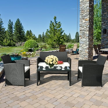Gymax 4PCS Rattan Patio Conversation Set Outdoor w/ Coffee Table Cushioned Sofa