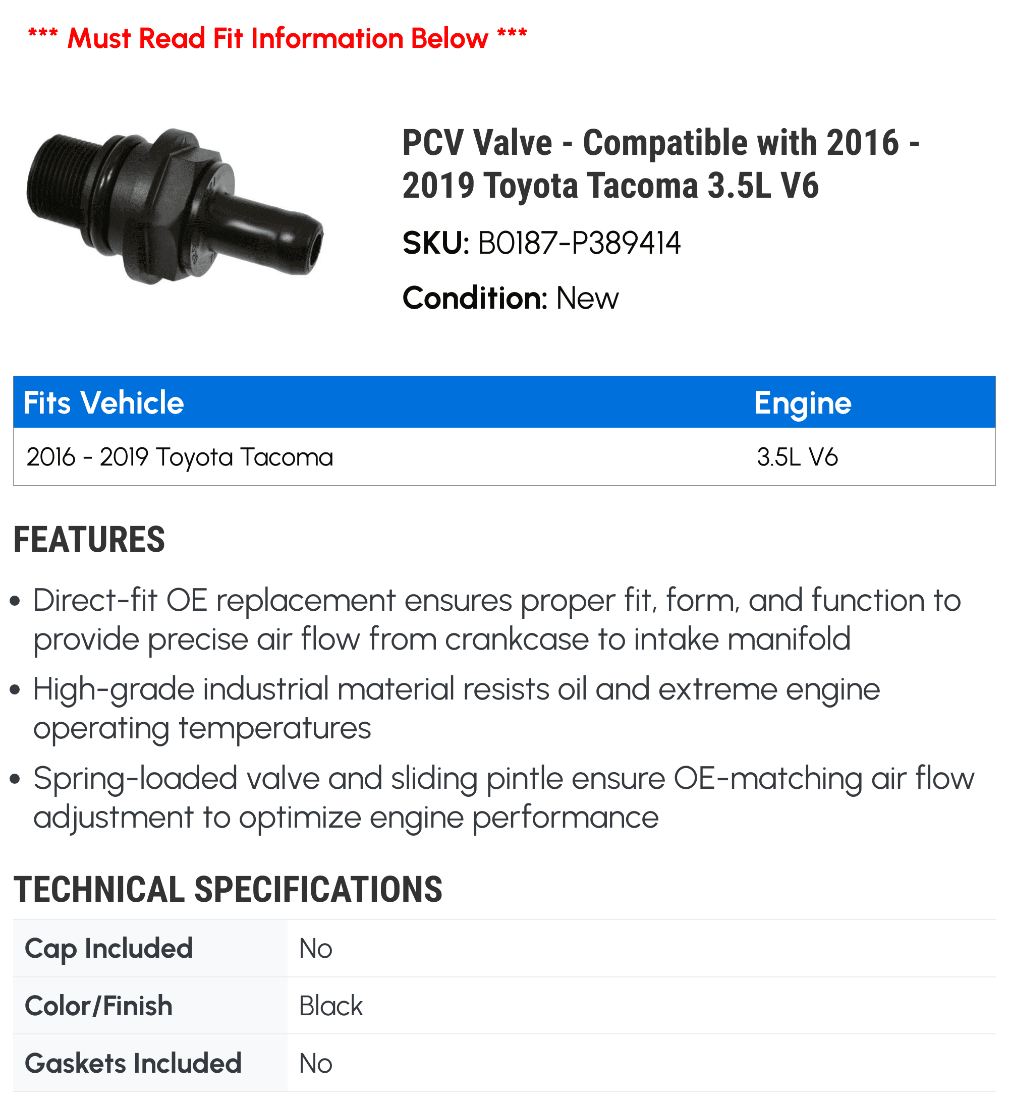 PCV Valve - Compatible with 2016 - 2019 Toyota Tacoma 3.5L V6 2017 2018