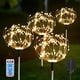 thumbnail image 1 of Juego de 4 luces solares para jardín de exterior, 480 LED, impermeables, alimentadas por energía solar, 8 modos de iluminación con control remoto para patio, fiesta de Navidad, jardín (amarillo) decor, 1 of 5