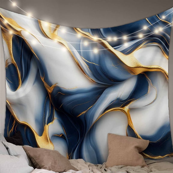Navy Blue Marble Tapestry for Bedroom Wall Hanging Tapestry, Gold Modern Art Ceiling Backdrop Tapestries Poster Blanket Wall Decor for Teens Room Living Room Dorm 39" x 59"