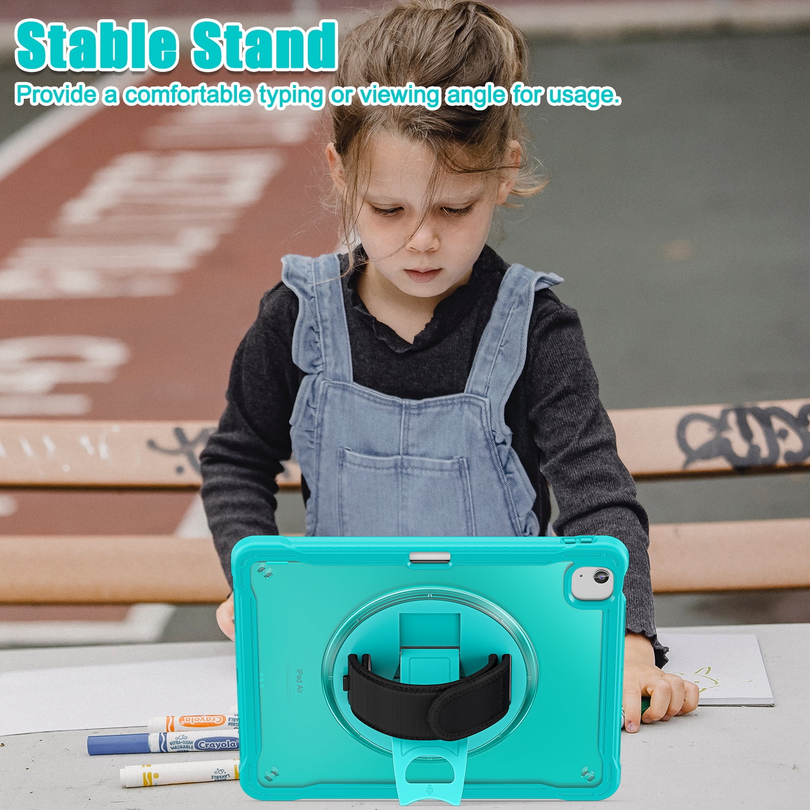 Dteck Case for iPad Air 13 inch 2025/2024,Military Grade Shockproof Silicone Cover 360° Rotatable Stand- Shoulder Strap- Handle- Pencil Holder for iPad Air 13-in. M3/M2,Blue