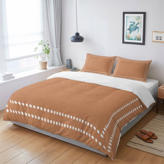 Duvet Cover King Size 3 Piece Bedding Set, Orange Solid Color Soft Breathable Comforter Cover with 2 Pillow Shams, White Polka Dots Luxury Duvet Covers with Zipper Closure
