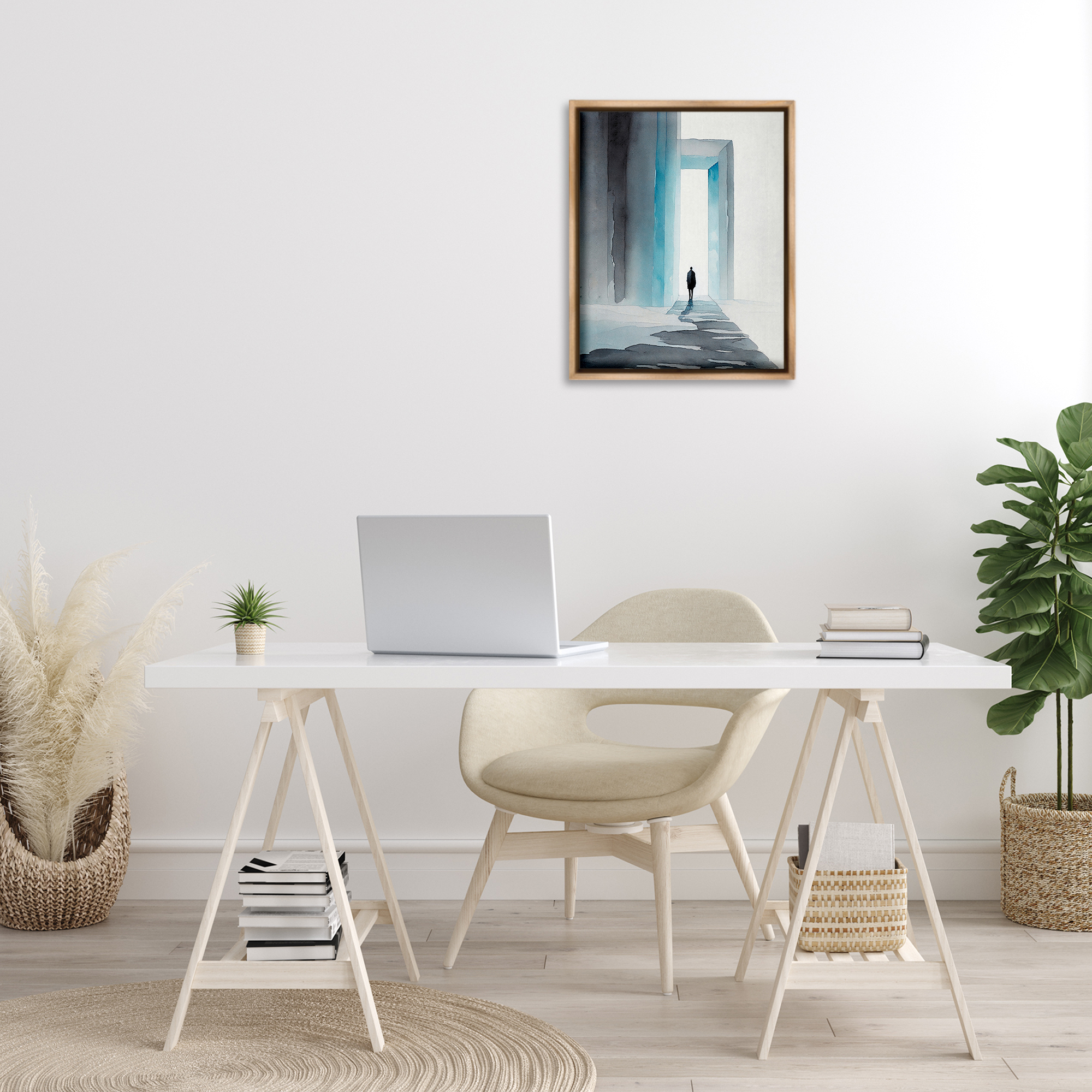 Stupell Industries Person with Snowy Doorway Landscape Painting Brown Floater Framed Canvas Art Print Wall Art, 17 x 21