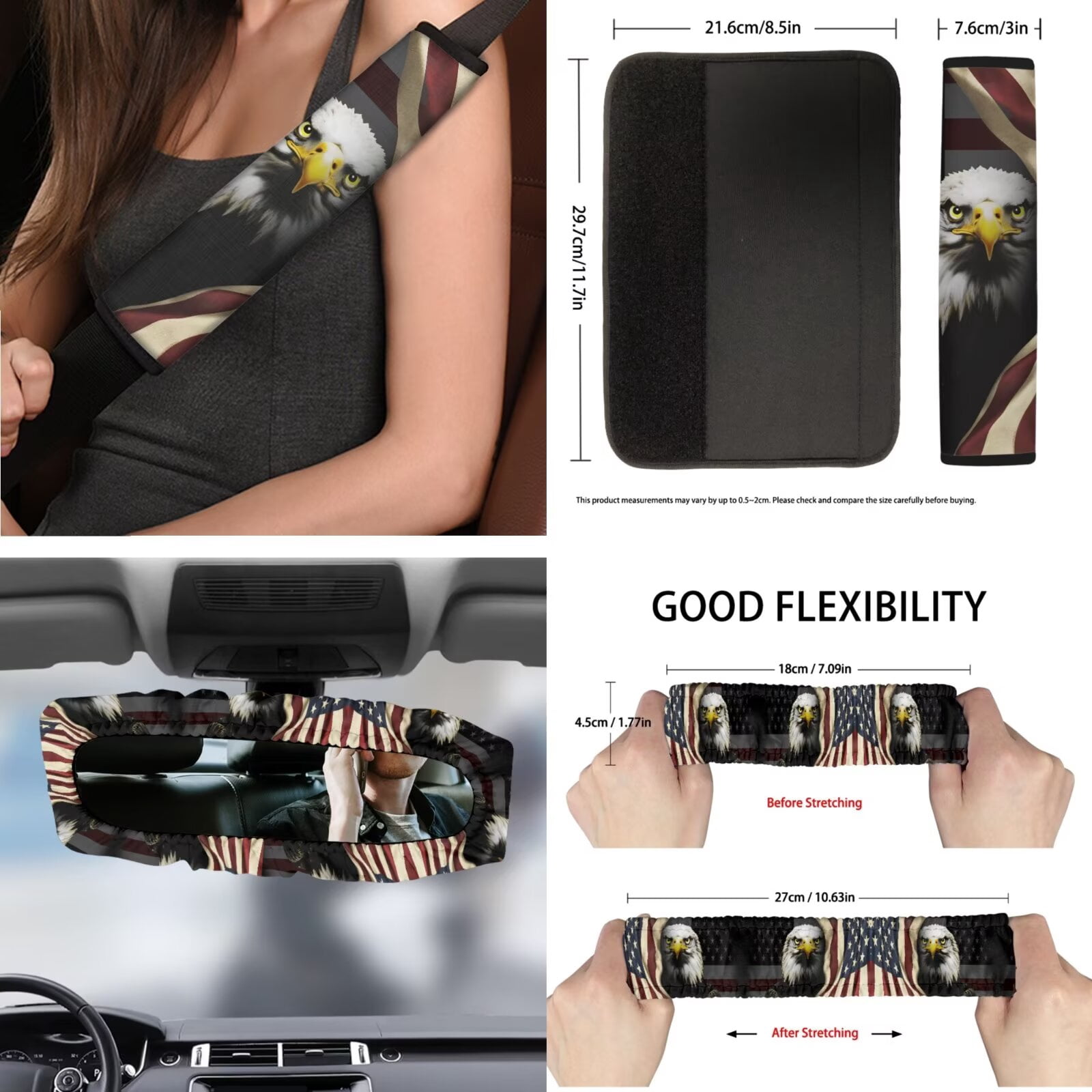 KUIFORTI Bald Eagle Car Seat Covers Front Seats American Flag Seat Belt Cover Pad, Steering Wheel Protector, Coasters, Chapstick Holder, Car Trash Can, Car Pouch Car Vent Pocket