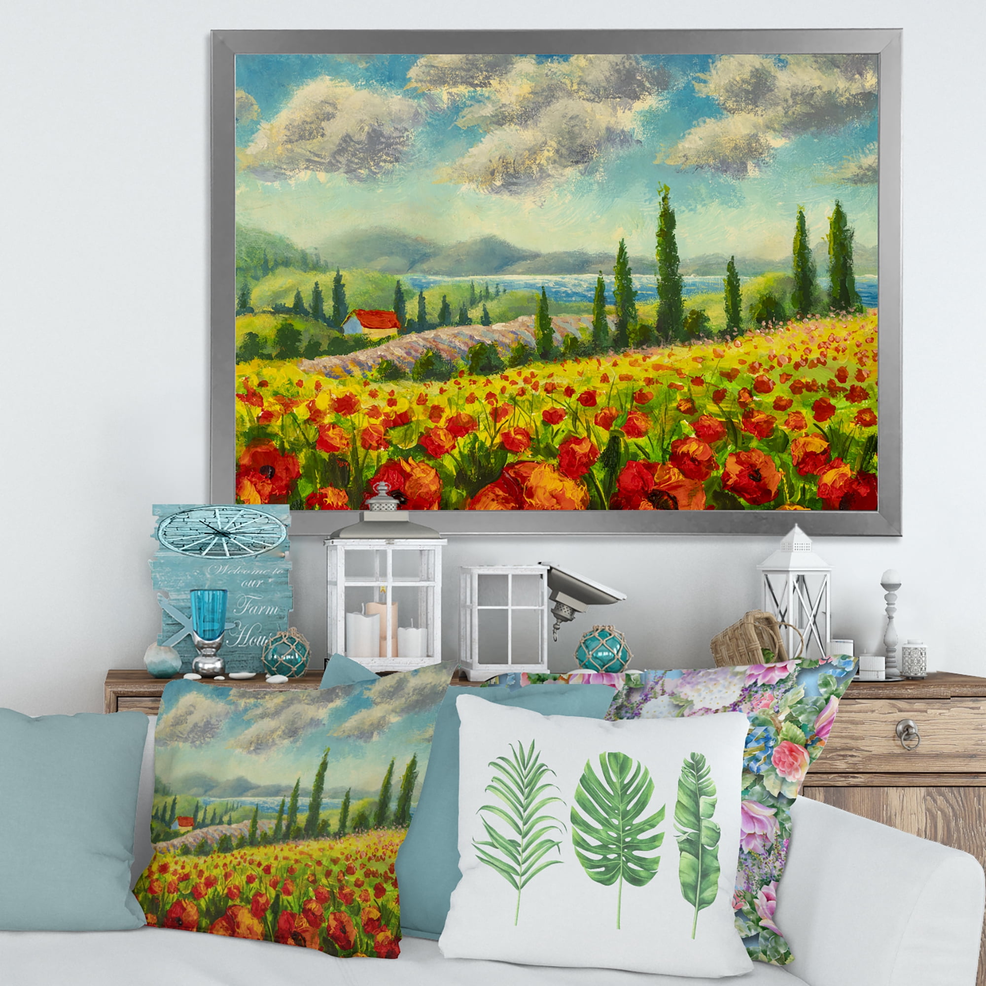 Designart 'Beautiful Landscape With Poppies Flowers By Riverside' Traditional Framed Art Print