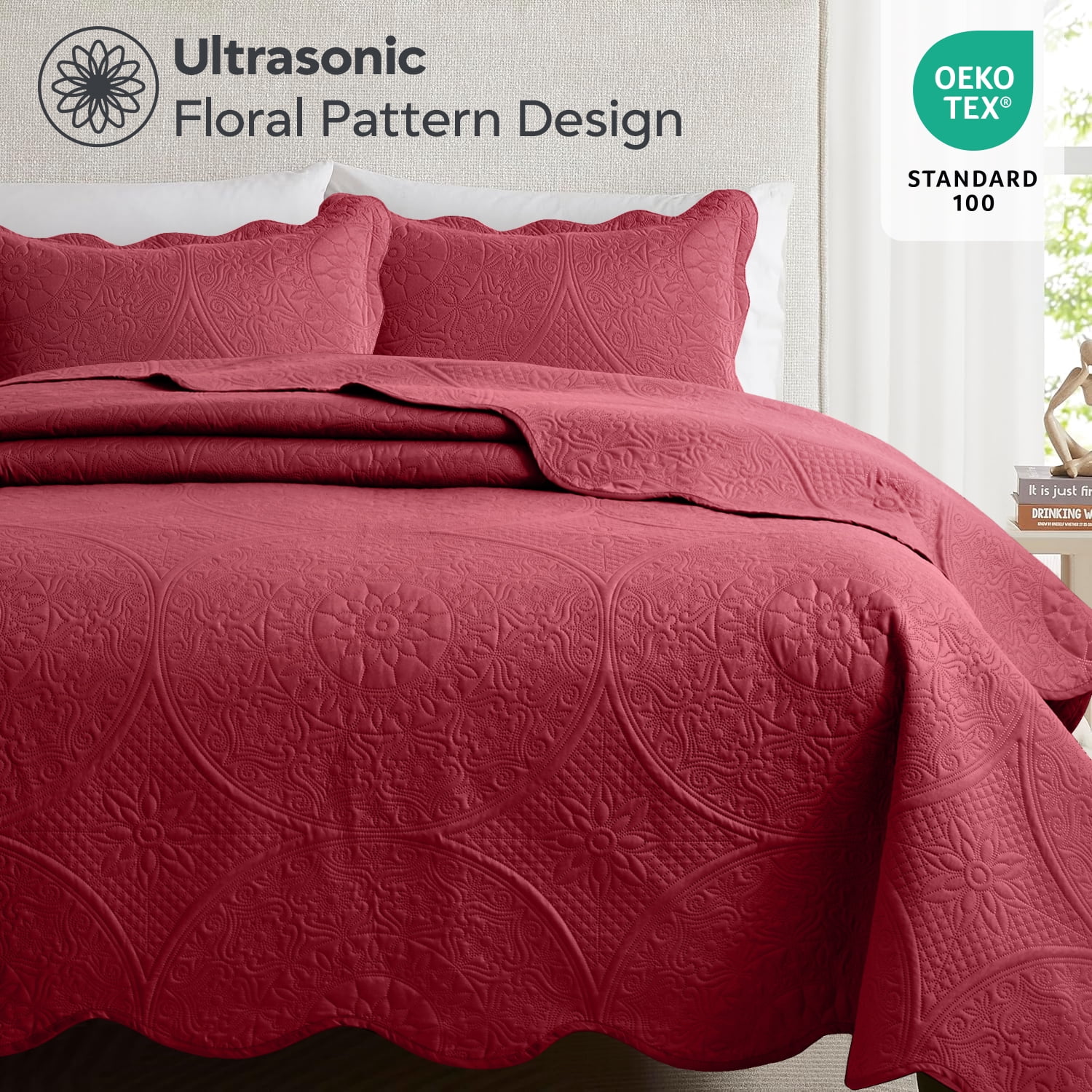 Ameha 3 Piece Reversible Quilt Set Ultra Soft Floral Coverlet Microfiber Bedding Set King Burgundy All Season
