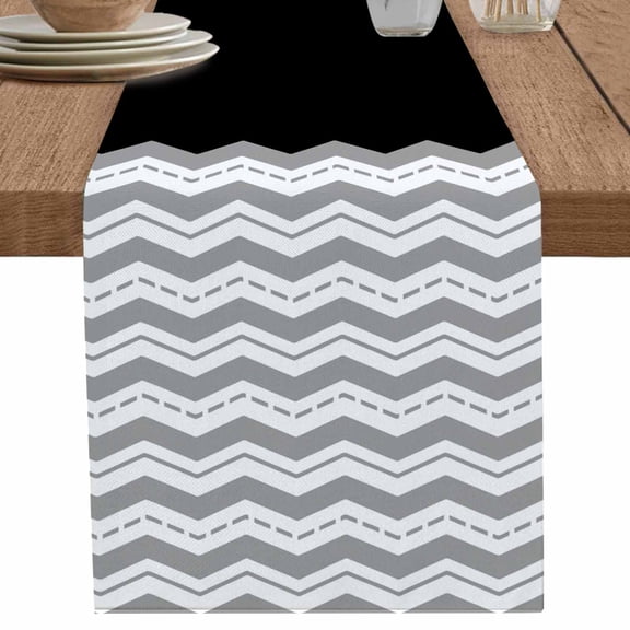 nqOlkjepod Black Grey Table Runner 36 Inches Long Farmhouse Dress Scarves, Geometric Chevron Print Wavy Striped White Dining Tablerunner for Coffee Table/Kitchen Island/Party Décor, Small 13" x 36"