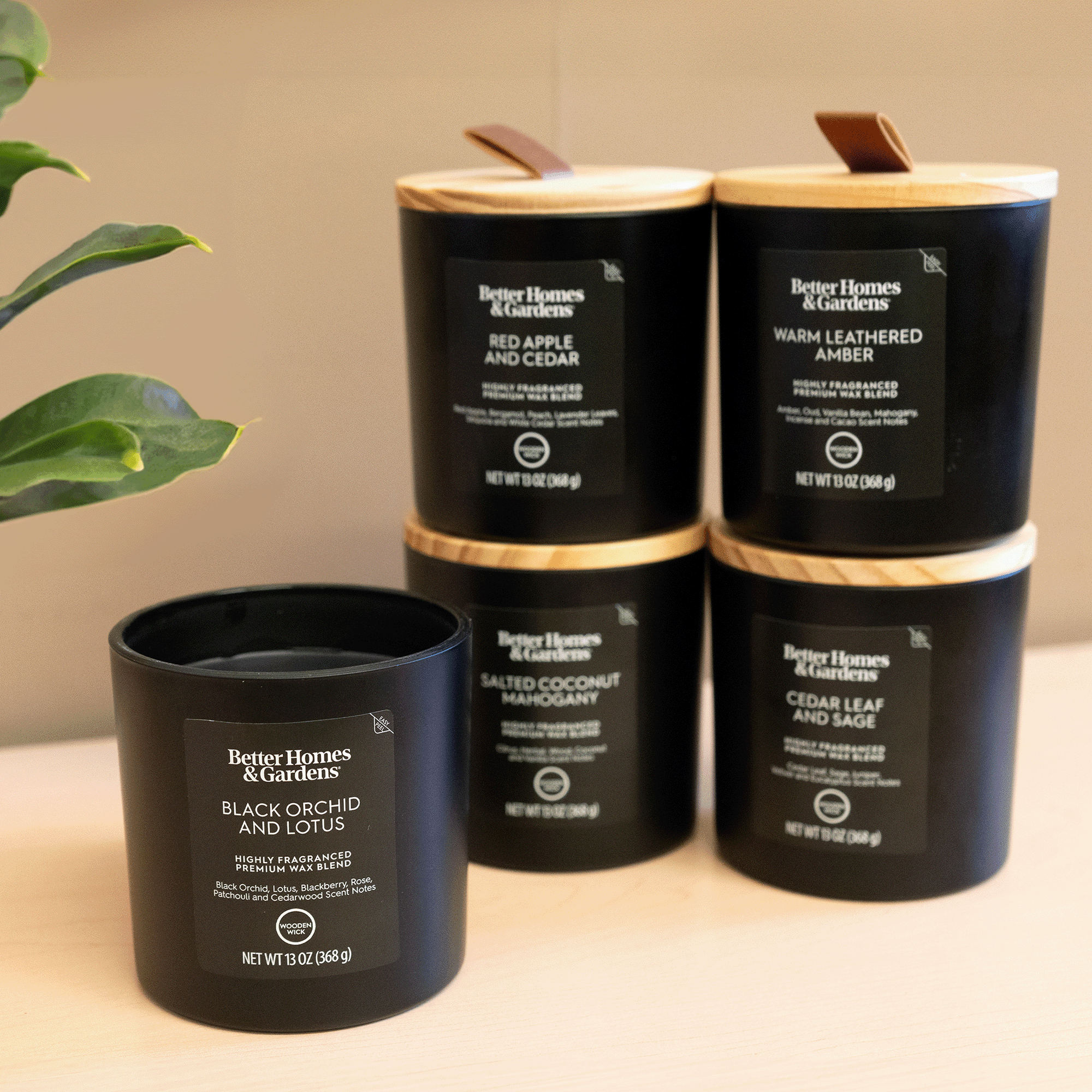 (4 pack) Better Homes & Gardens 13oz Black Orchid and Lotus Scented Wooden Wick Jar Candle