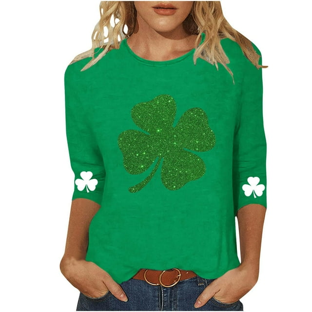 vdgthytj T-Shirts pour Femmes de la Saint-Patrick à Manches 3/4, Grande Taille, Col Ras du Cou, Trèfle, T-Shirt Graphique pour les Fêtes