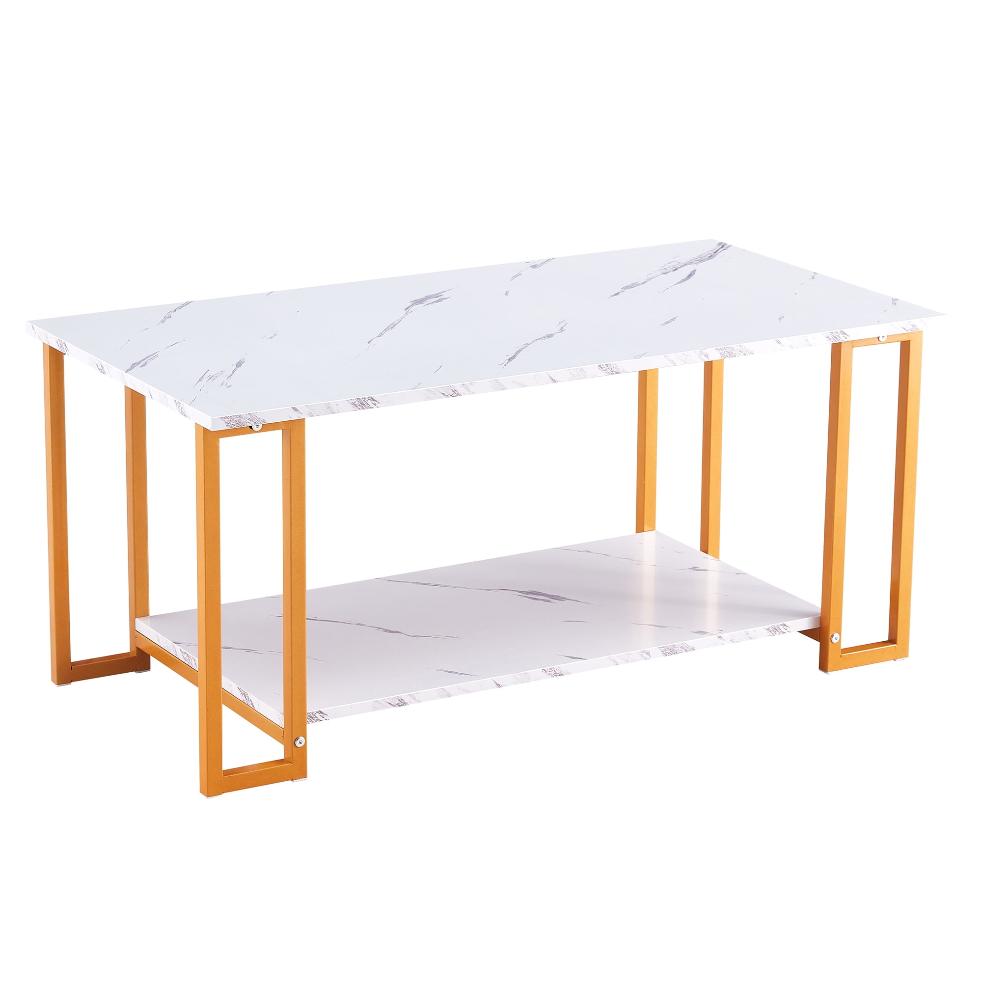 Lowestbest Coffee Table, 2 Layers, Thick Marble MDF Rectangle Tabletop Iron Coffee Table, for Dining Room, Coffee Shop, Restaurant(White Top, Gold Leg) Lowestbest Coffee Table, 2 Layers, Thick Marble MDF Rectangle Tabletop Iron Coffee Table, for Dining Room, Coffee Shop, Restaurant(White Top, Gold Leg)