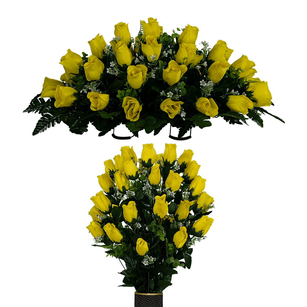 Sympathy Silks Artificial Cemetery Flowers Yellow Rose Buds Bouquet