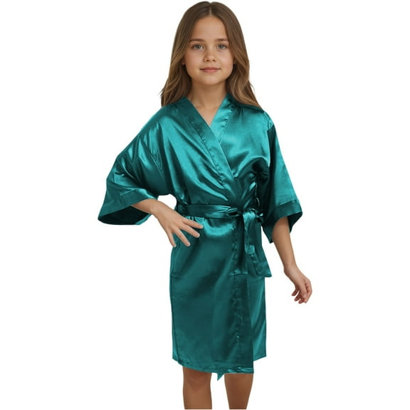 YWOAGH Girls Pajamas Like Satin Kimono Robe for Spa Wedding Birthday Party Child Childrens Pure Color Thin Bathrobe Homewear for Ages 5 to 14 Green 9-10 Years