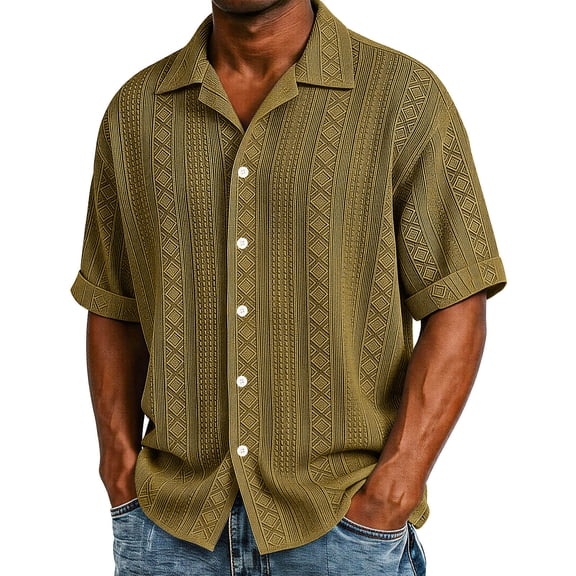 VgaVtl Knit Mens Turn Down Collar Shirts Button up Summer Short Sleeve Casual Plain Holiday Clothes for Men