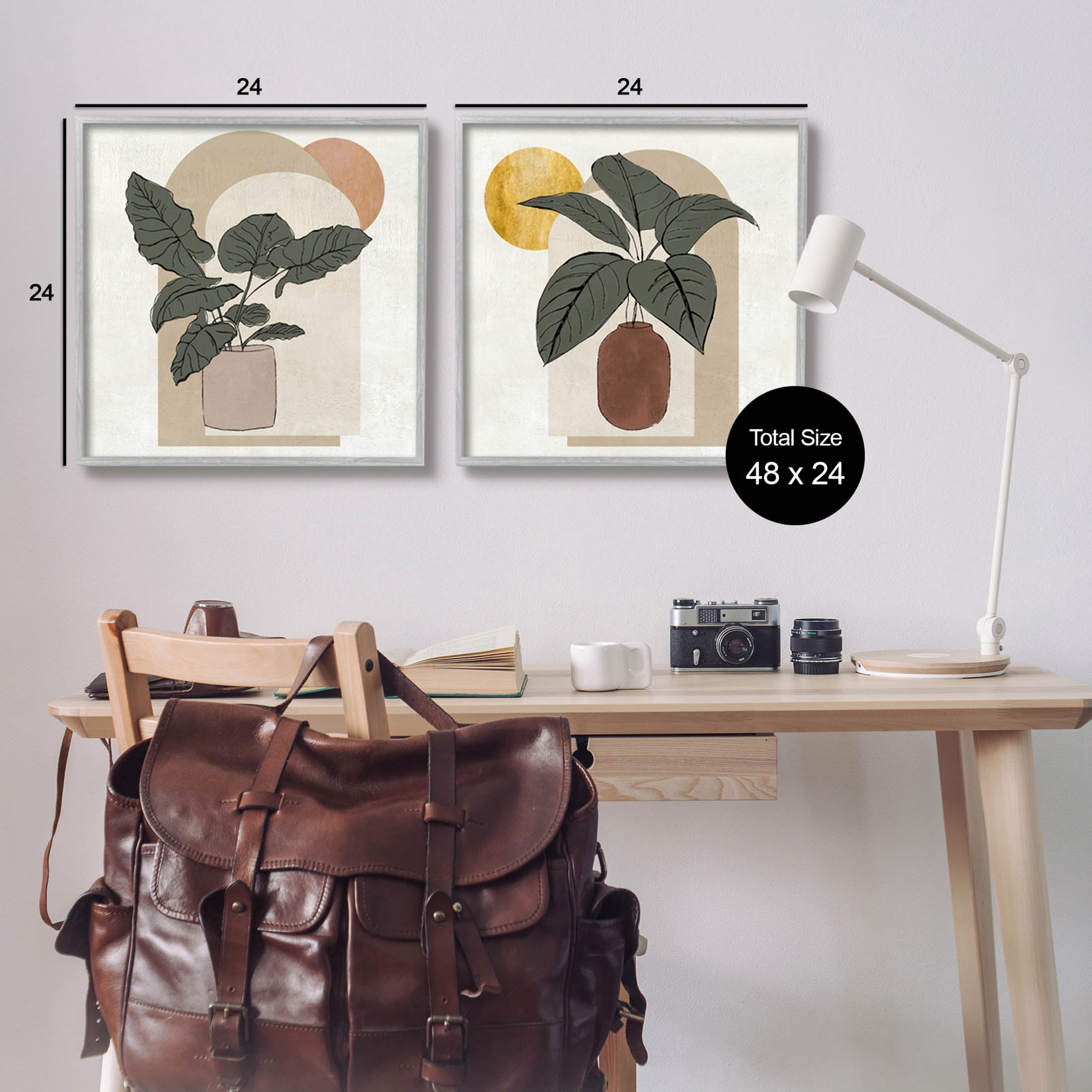 Potted Plant Leaves Geometric Shapes Botanical & Floral Graphic Art Gray Framed Art Print Wall Art, Set of 2