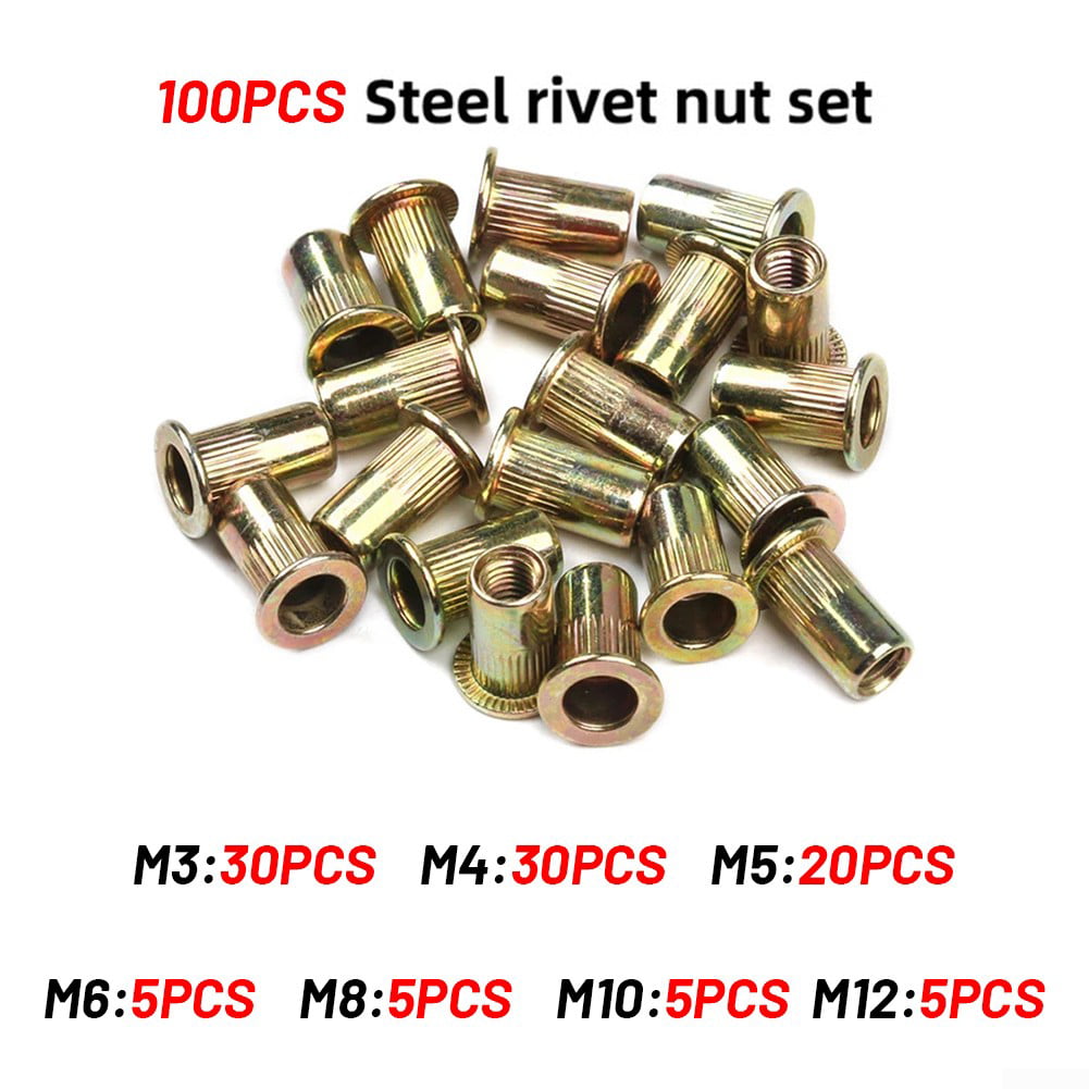 Zinc Plated Rivet Nut Mixed Metric Rivnut Threaded Flat Head Insert Rivetnut Standard Blind Nutsert M3 M4 M5 M6 M8 M10 M12 Assortment Kit Set Carbon Steel,150Pcs