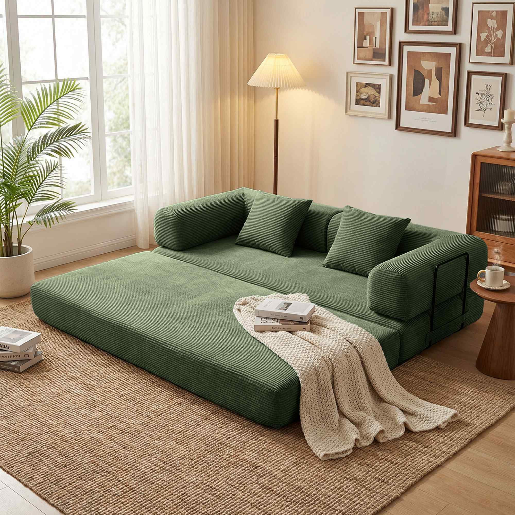 Timbernest 78.7" Convertible Sofa Bed, Foldable Futon Corduroy Sleeper Sofa for Small Apartments, Guest Room, Dorm, Army Green