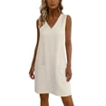 thumbnail image 4 of Ankola Womens Summer Cotton Linen V Neck Short Dress Sleeveless Mini Dress Casual Tank Dress Sundress with Pockets, 4 of 7