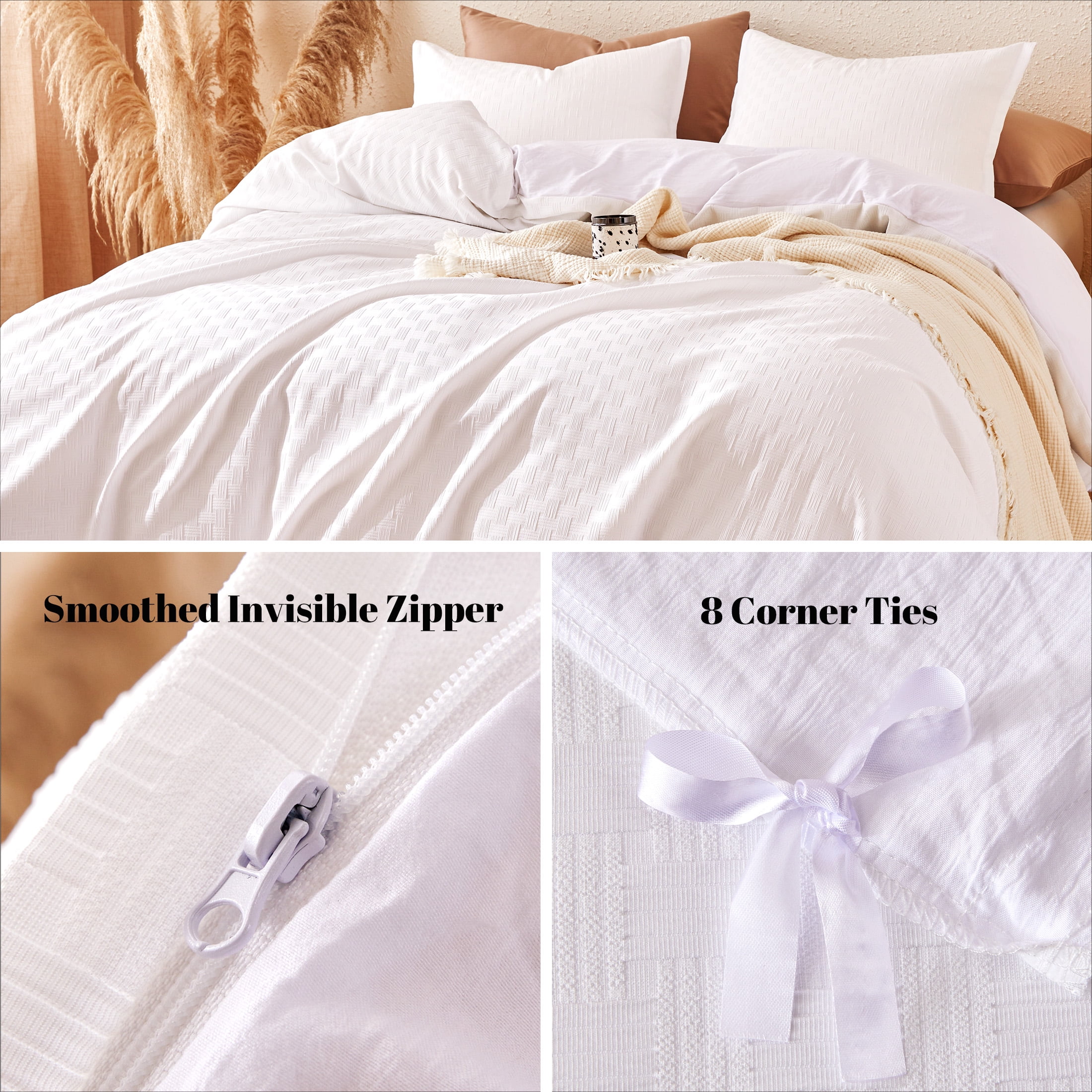 Sonive Geometrical Duvet Cover Set White Grid, 3 Pieces Modern Pattern with Pillow Sham, Queen