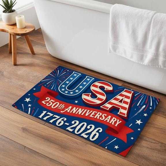 Welcome Doormat Non-Slip Bath Rugs 20x32in, 250th Anniversary USA Flag Patriotic Indoor Kitchen Rugs Floor Door Mat Stripes and Stars Water Absorption Bathroom Carpet Home Decor Entrance Mat
