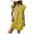 thumbnail image 2 of PiGOGI Women's Solid Color Layered Sleeve Standing Collar Dress Short Sleeve Casual Comfortable Summer Wear Yellow XL, 2 of 7