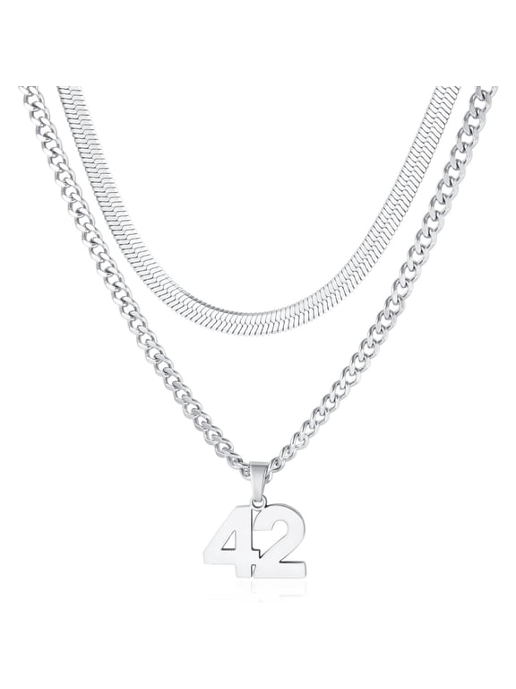 Stainless Steel Number 42 Necklace,Layered Necklace for Men,18+20 In Silver Chain Necklace for Men,Ice Hockey Basketball Football Baseball Team Number Necklaces Sport Athlete Jewelry Gift