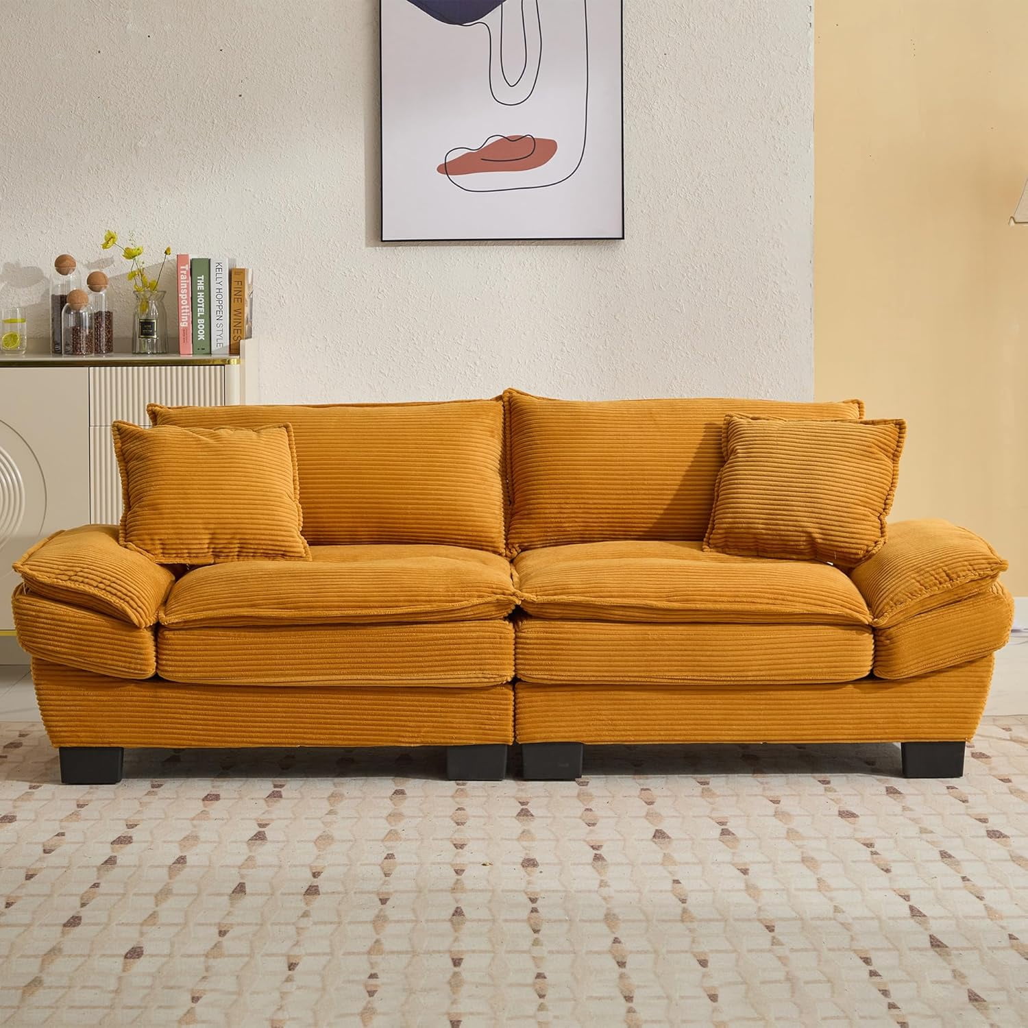 AENKYO 84" Corduroy Loveseat Sofa with Pillows, Modern 2-Seater Couch for Living Room,Yellow