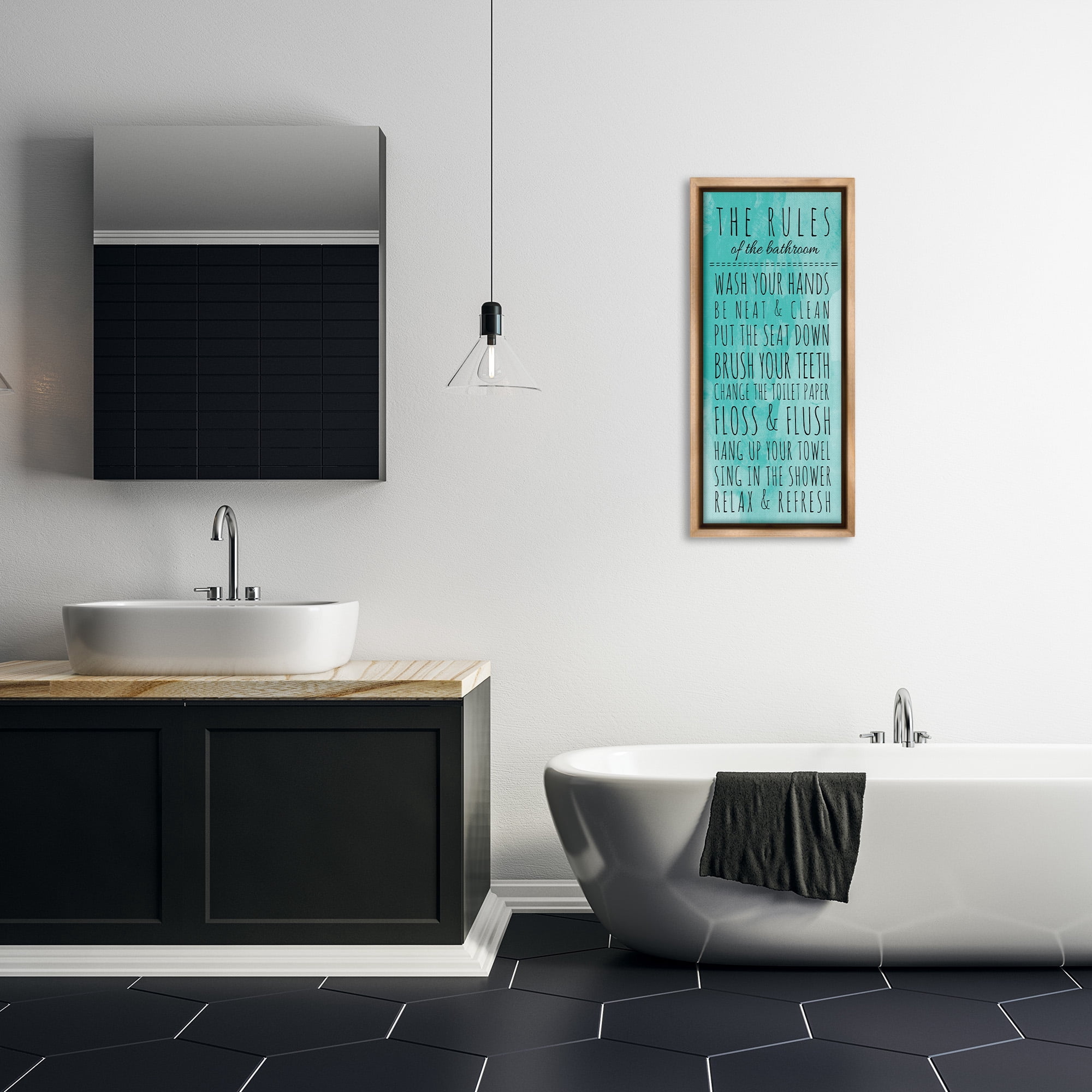 Stupell Industries Bathroom Rules on Turquoise Typography Painting Brown Floater Framed Canvas Art Print Wall Art, 15 x 31