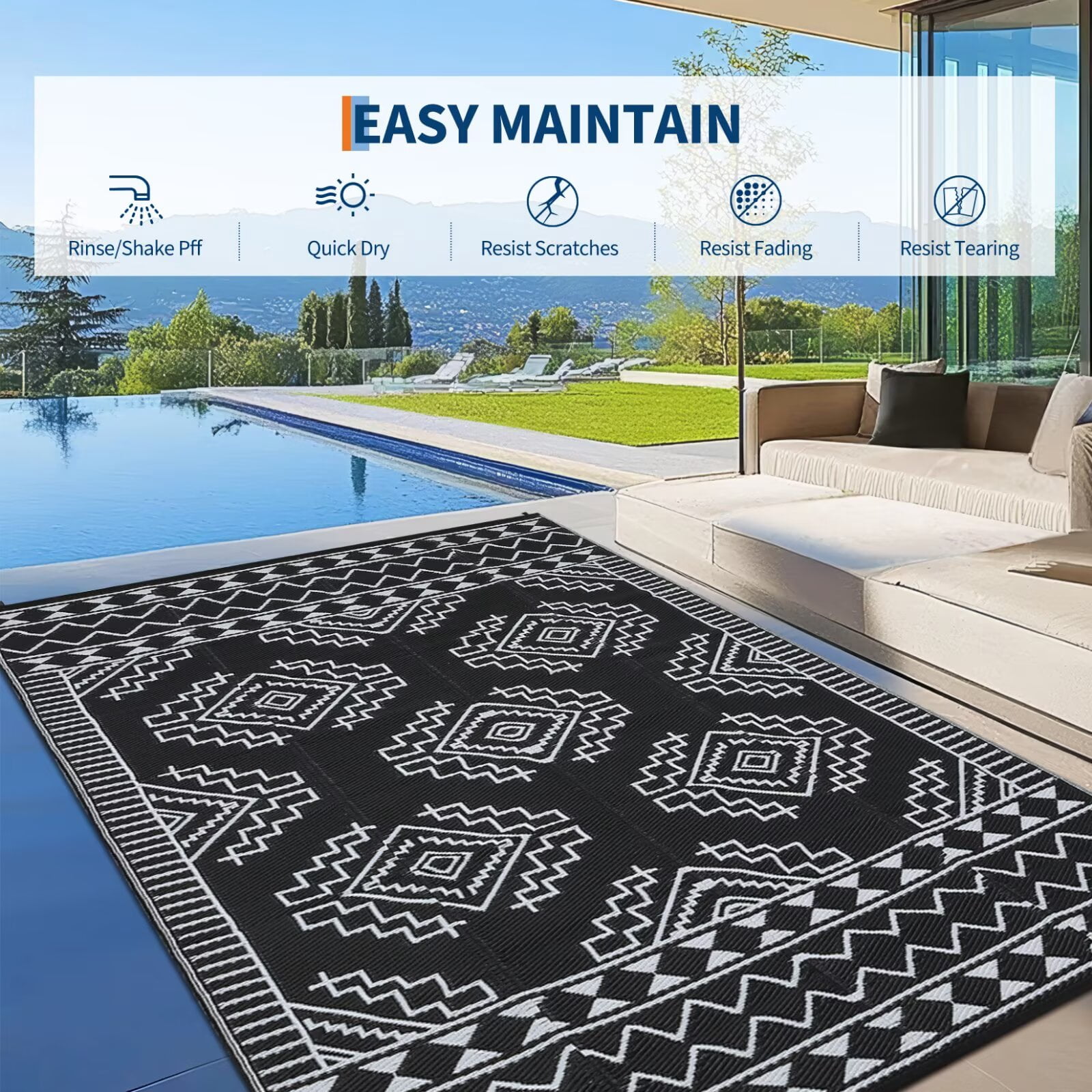 GlowSol 9'x12' Outdoor Rug Boho Geometric Plastic Straw Rug Waterproof Reversible Mat Outdoor Foldable Rug for Camping Patio Picnic, Black White