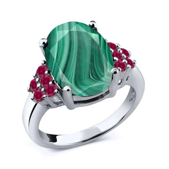 Gem Stone King 6.50 Ct Oval Green Malachite Red Created Ruby 925 Sterling Silver Ring (Size 7)