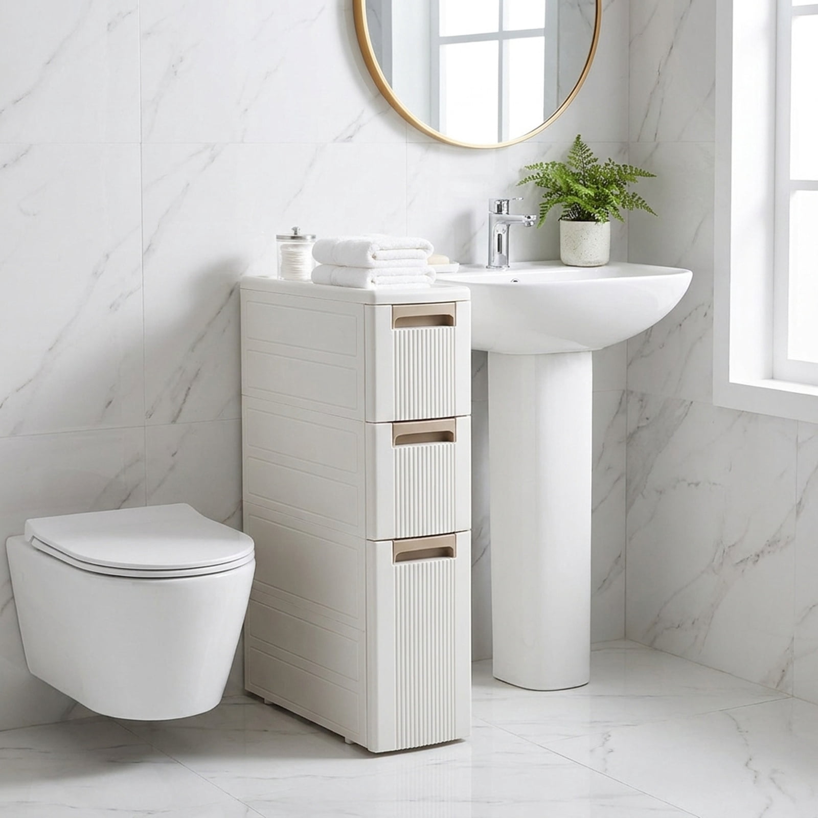 Vebreda Freestanding Bathroom Storage Cabinet, Narrow Storage Cabinet with Drawers and Removable Dividers, Multi-Layered Storage