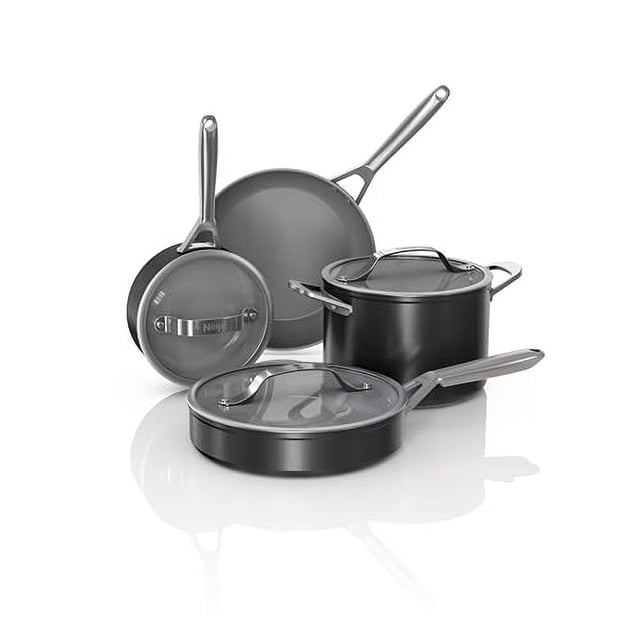 Ninja NeverStick Ceramic Pro Juego de utensilios de cocina de 7 piezas, ollas y sartenes antiadherentes, tapas de vidrio, revestimiento de cerámica, mangos de acero inoxidable, apto para estufa a horn