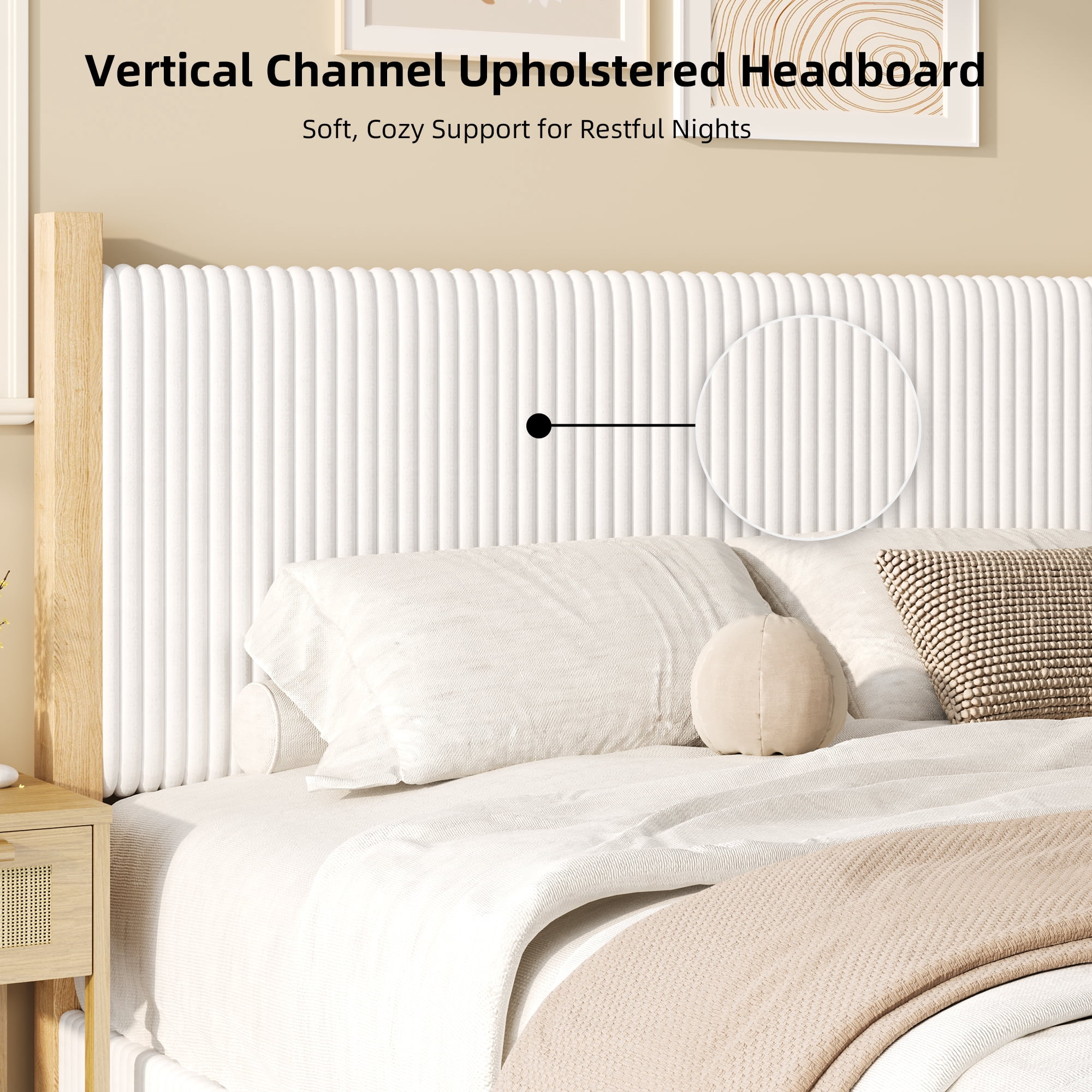 Queen Size Corduroy Upholstered Bed Frame with Vertical Channel Headboard, Noise-Free Platform Bed No Box Spring Needed, Sturdy Structure & Easy Assembly, White