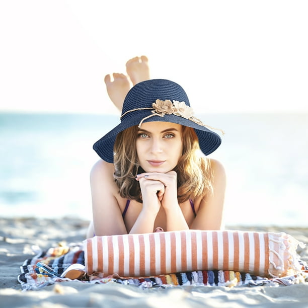 Coofit Chapeau de Soleil de Plage Pliable Fleur Paille Large Bord