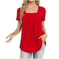 thumbnail image 2 of VERUGU Women's Casual Short Sleeve Tunic Top Pleated Square Neck Flowing Hem Shirts Summer Solid Loose Comfy Blouse for Leggings Red S, 2 of 4