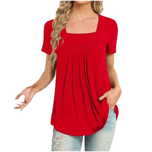 Jsaierl Womens Loose Summer Solid Color Tops Square Neck Short Sleeve Curved Hem Pleated Tunics Daily Travel Work Shirts