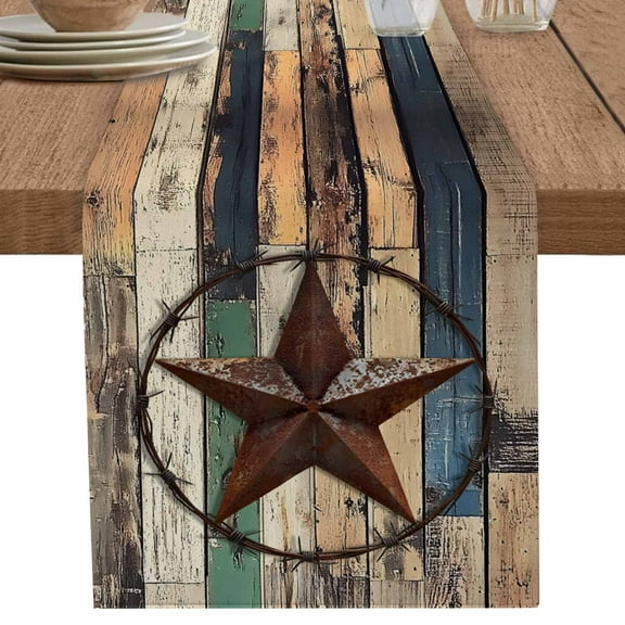 Vintage Brown Country Star on Wood Grain Table Runner-70 Inch Long Farmhouse Table Runners Linen Burlap Tablerunner for Kitchen Dining Room Holiday Party