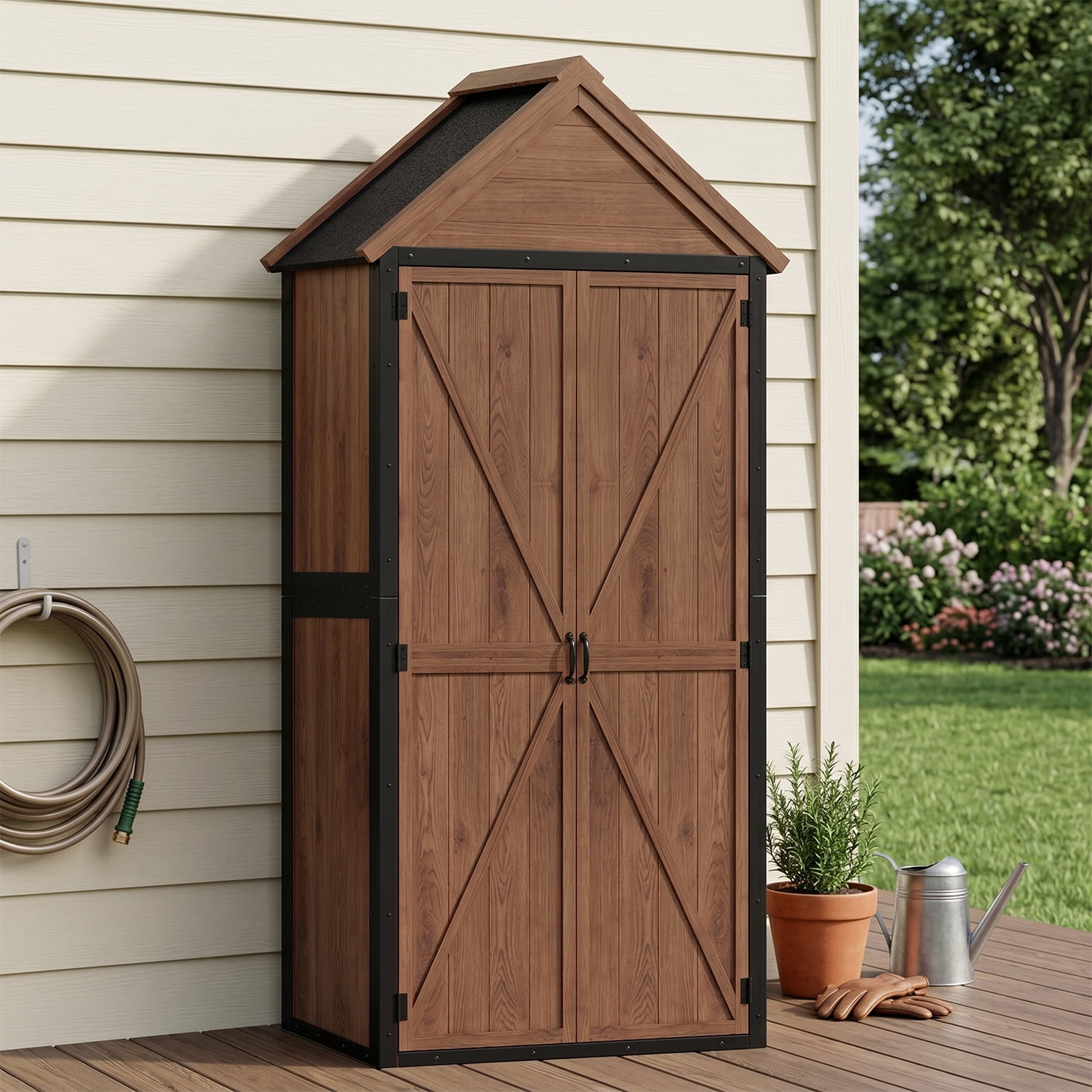 BaPiPro Outdoor Storage Cabinet, Weatherproof Small Storage Shed with Shelves, 20 Cu.ft Wood and Metal Shed for Backyard, Garden, Patio