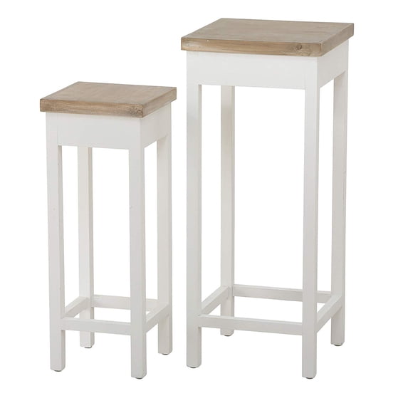 Comfy Cottage Pedestal Tables, Set of 2, Square Top, Fir Wood, Rustic Nut Brown Top, White Base, 31.5 and 25.5 Inches Tall