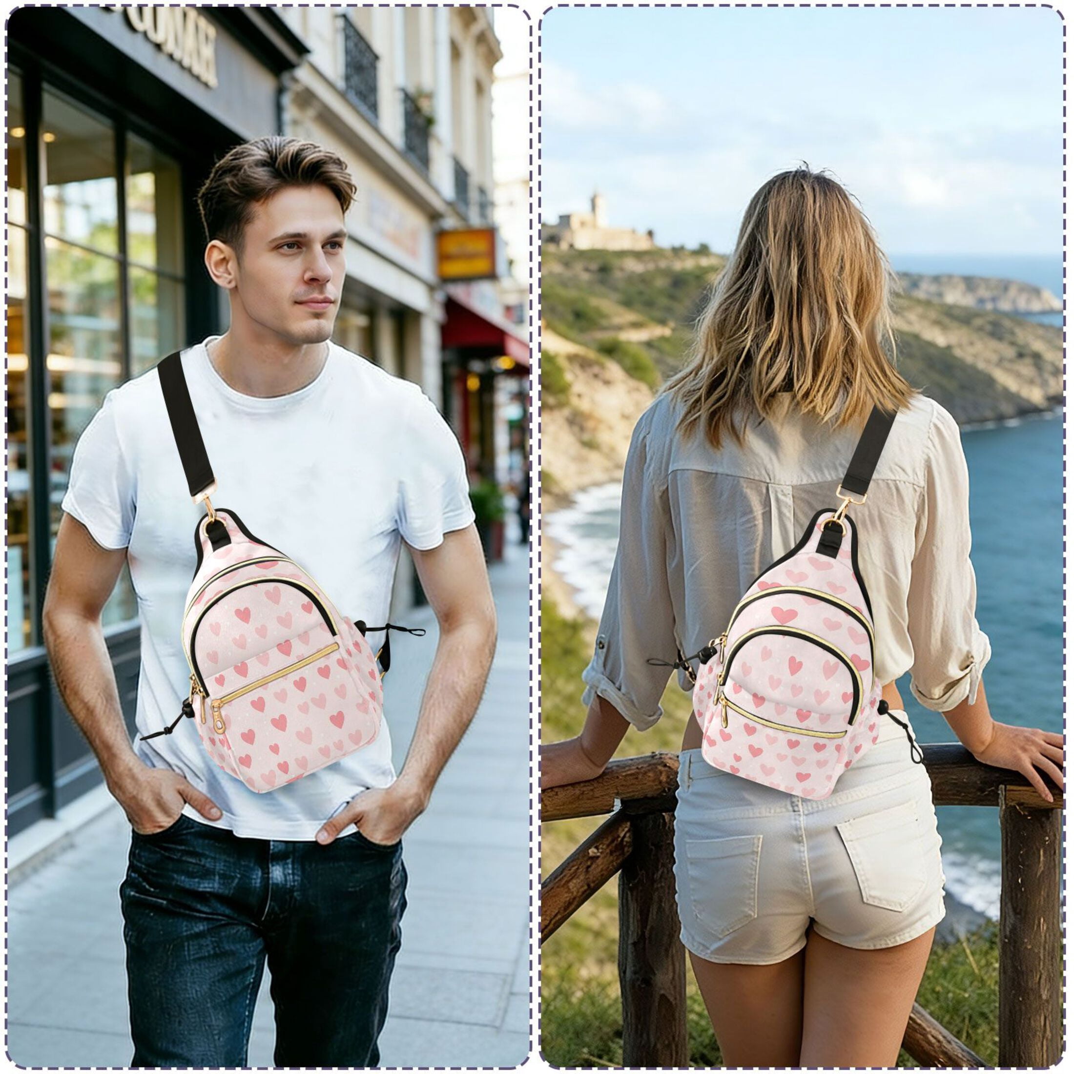 Crossbody Sling Bag for Women Shoulder Purse Trendy Daypack with Adjustable Strap Pink Love Heart