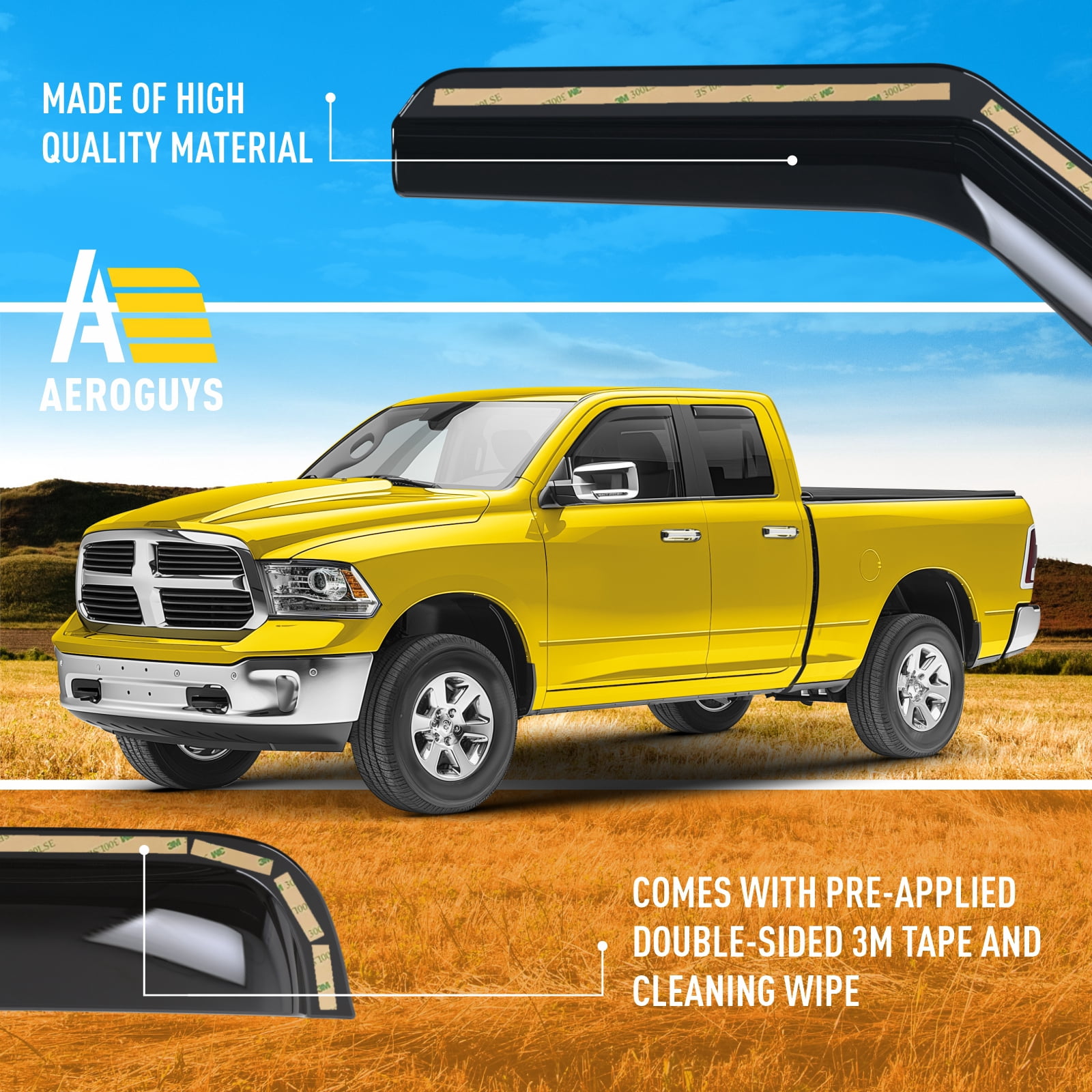 AEROGUYS In-Channel Window Deflectors Extra Durable Window Visors Rain Guards Fit for Dodge Ram 1500 2009-2018 Quad Cab, Sun Visors, Wind Deflectors, Vent Visors, Truck Accessories - 4pcs. AG0031