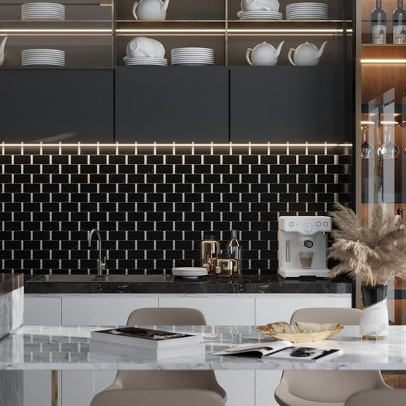 Noir Luxe 12 x 13 in. Polished Black, White Marble Mosaic Brick Wall and Floor Tile (5.28 sq ft/case) - 5 Pack