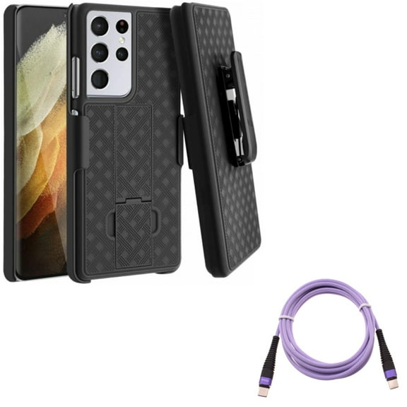 Purple 6ft PD Cable w Case Belt Clip for Samsung Galaxy S21 Ultra - Type-C to USB-C Long Charger Cord Power, Holster Swivel Cover